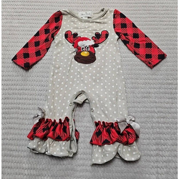 marie nicole Other - Marie Nicole Clothing Romper Size 0/3 Months Christmas Moose Ruffled